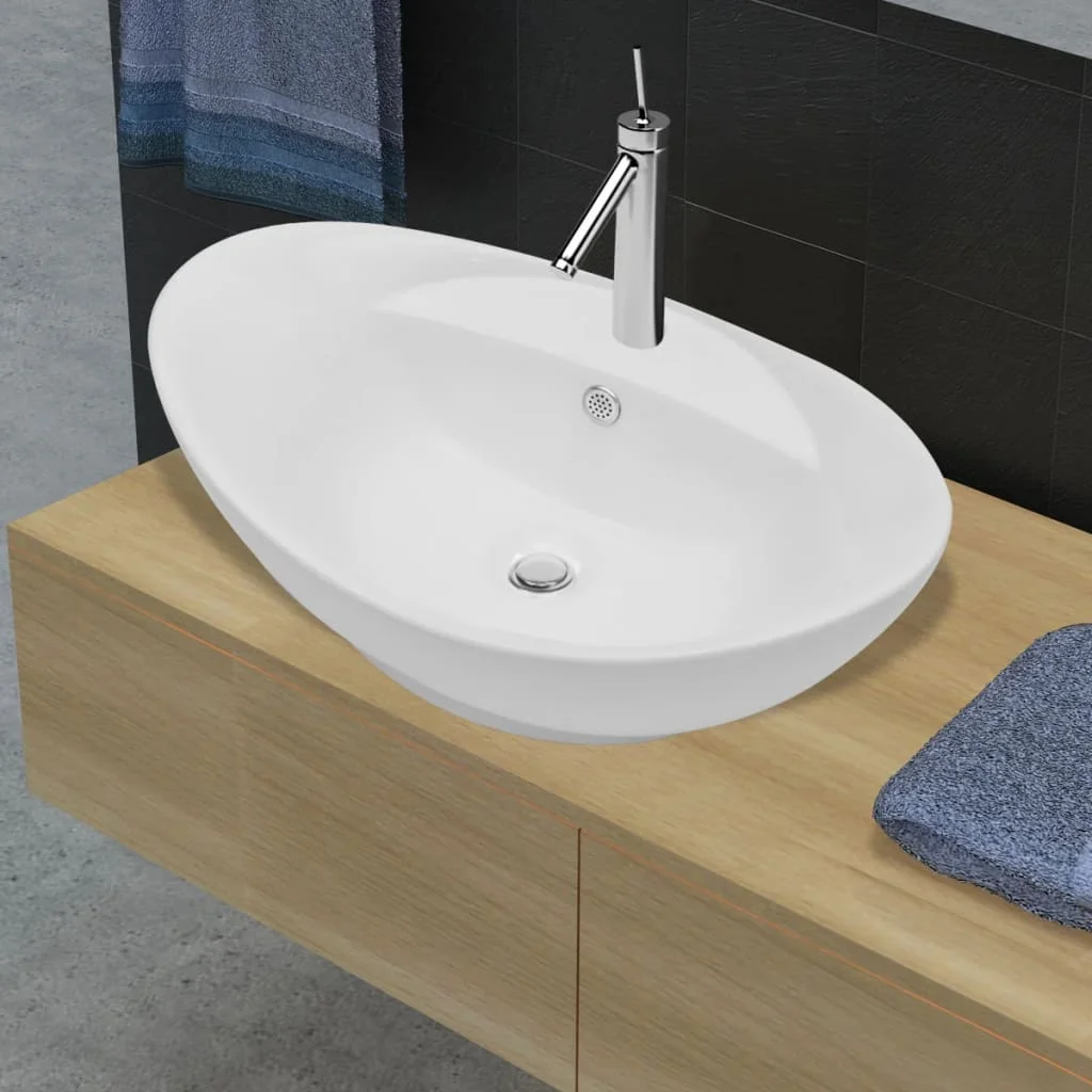 

Bathroom Wash Basin with Overflow & Faucet Hole, Ceramic Bowl Sinks, Bathrooms Decoration White Oval 58.5 x 39 x 21 cm