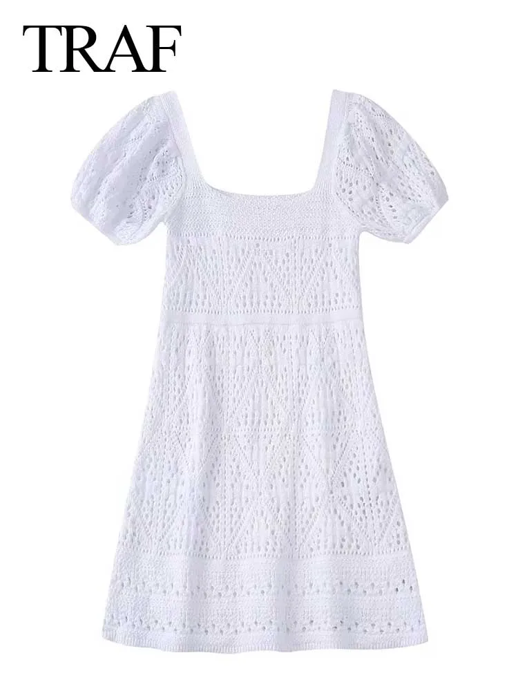 

TRAF Summer Elegant Women's Dress Sweater Short-sleeved Square-neck Hollow-out Slim Fit Sexy Solid Color White Lining Dress