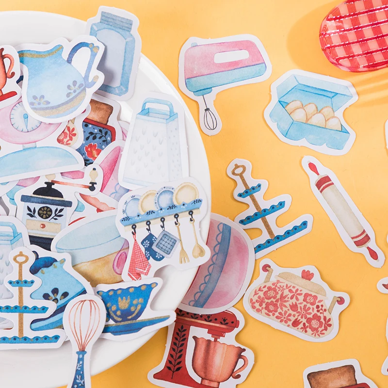 

46pcs Cartoon Kitchenware Pattern Stickers Stationery Children Reward Toy Birthday Gift Recipe Hand Account Decoration Scrapbook