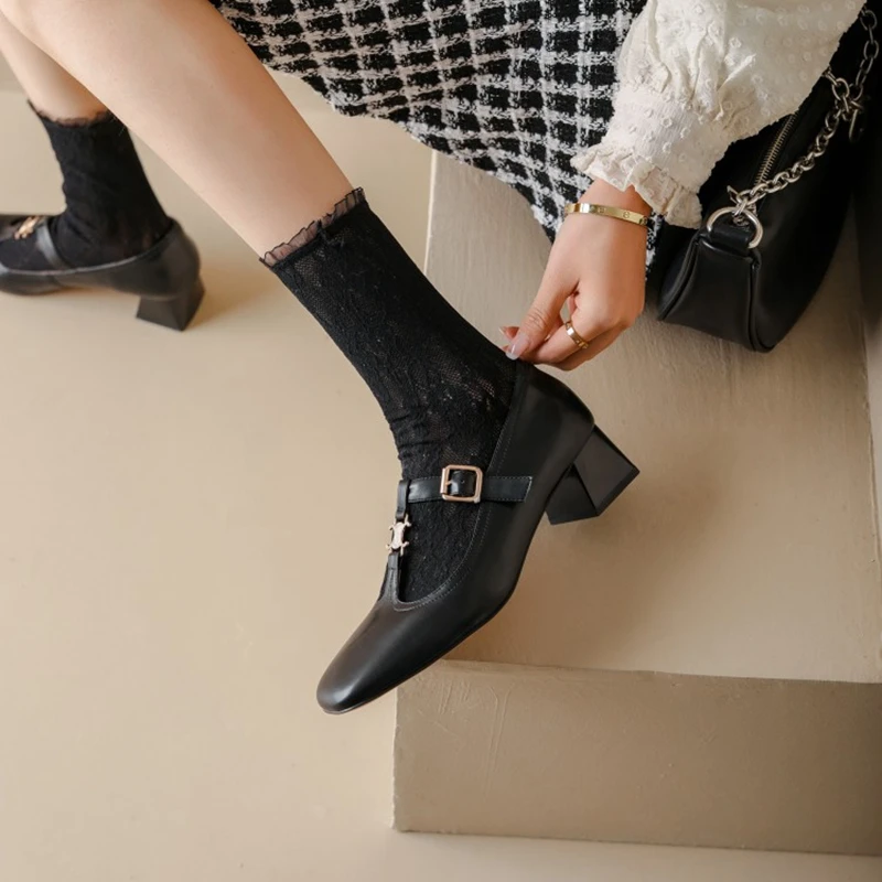 

2022 Spring/Autumn Women Shoes Square Toe Chunky Heel Buckle Shoes Solid Split Leather Shoes T-Strap Mary Janes Women High Heels
