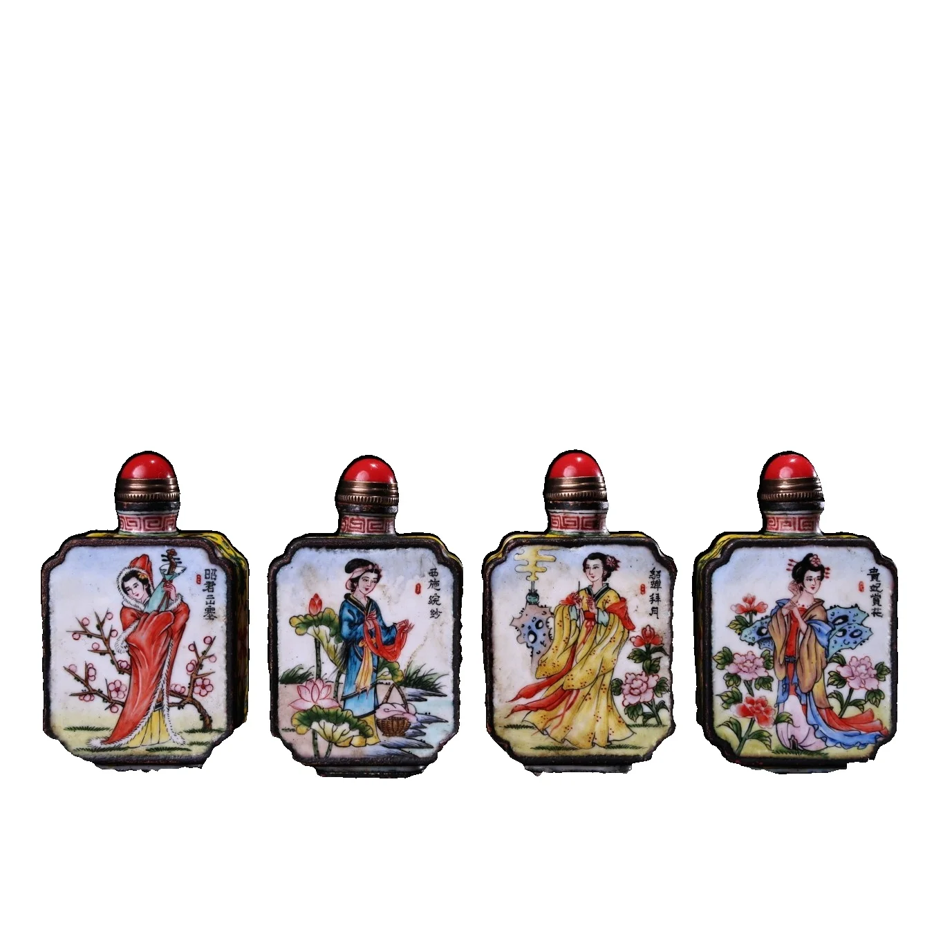 

MOZART Treasures A Set Of Pure Copper Cloisonné Hand-Painted Four Beauties Snuff Bottles Chinese Traditional Style Antiques