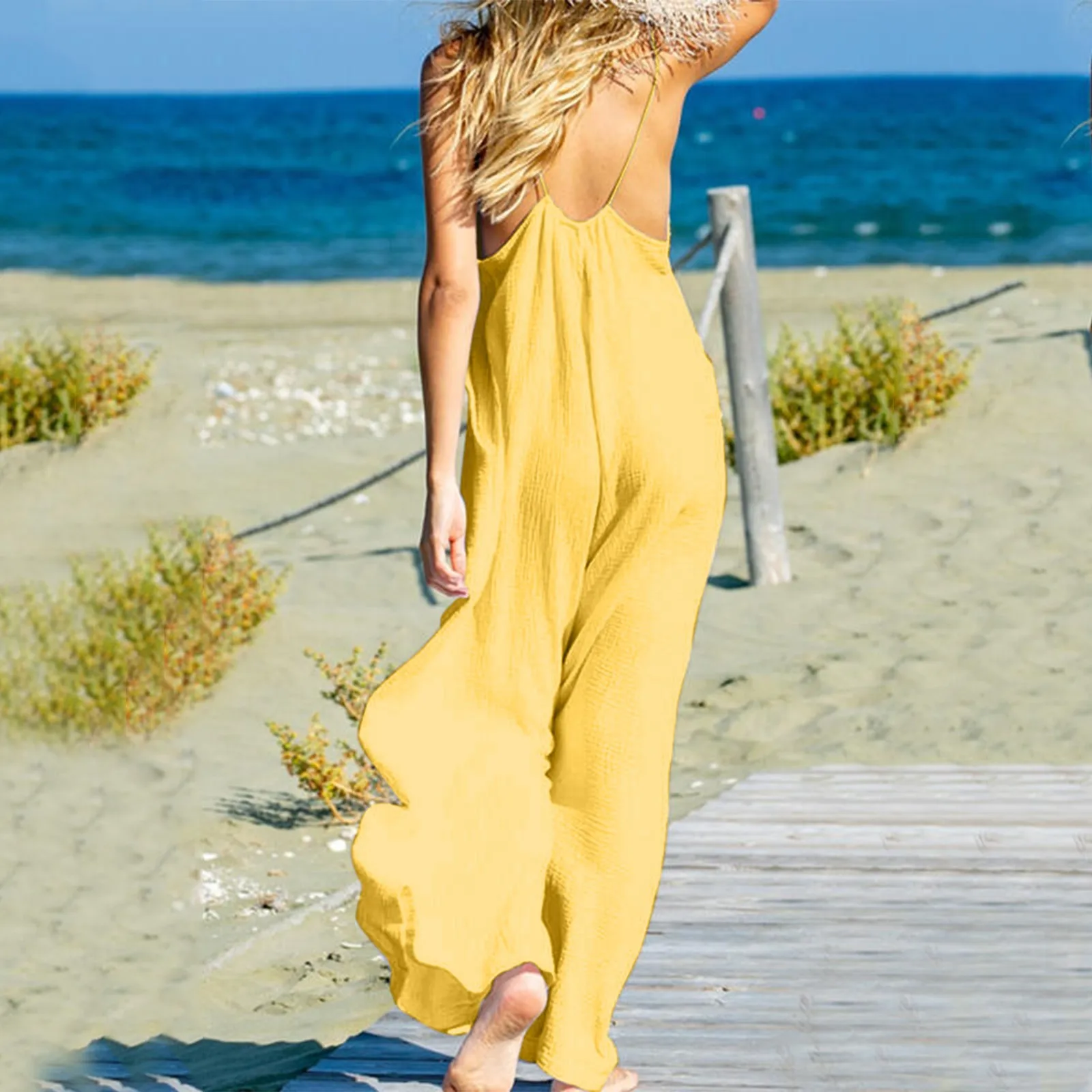 

Womens Beach Vocation Resort Casual Style Solid Color V Neck Chest Large Pocket Jumpsuit Bodysuit for Women Fashion
