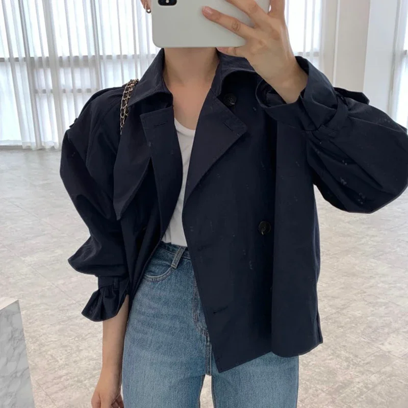 Женский короткий двубортный Тренч винтажная Ветровка цвета хаки с отложным