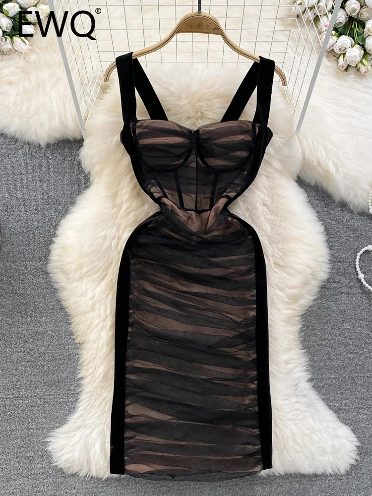 

EWQ Sweet Style Women's Dress 2023 Summer New Strapless Mesh Patchwork Fold Elasticity Solid Color High Waist Dresses 27SN2254