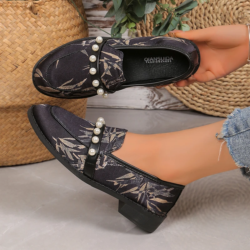 Туфли-лодочки женские с жемчугом бамбуковый принт низкий каблук лоферы без