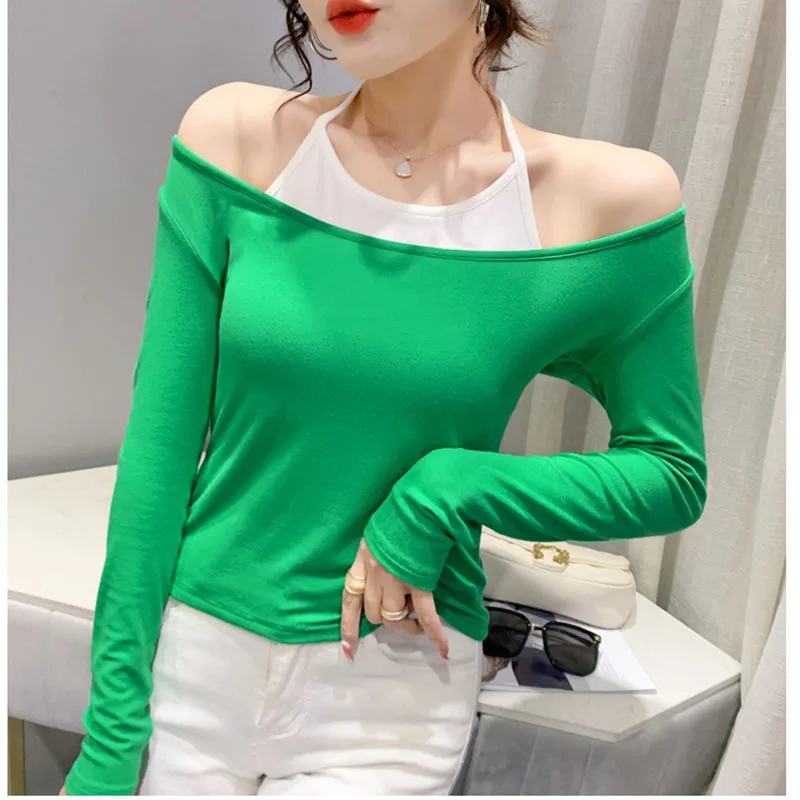 

Fake Two Pieces Long Sleeve T Shirt Women Sexy Slim Halter Tshirt 2022 Spring Autumn Womens Clothes Cotton T Shirts Top Mujer