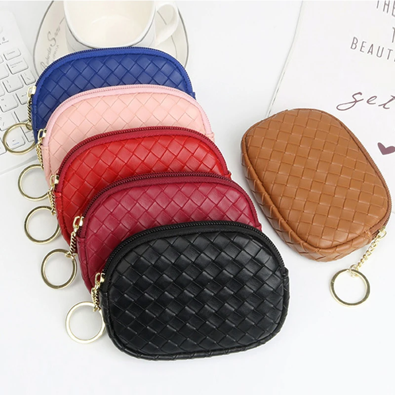 

Woven Leather Pattern Women Wallet Solid Color Coin Purse Handbag For Female Portable Key Bag Clutch Bag With Keychain