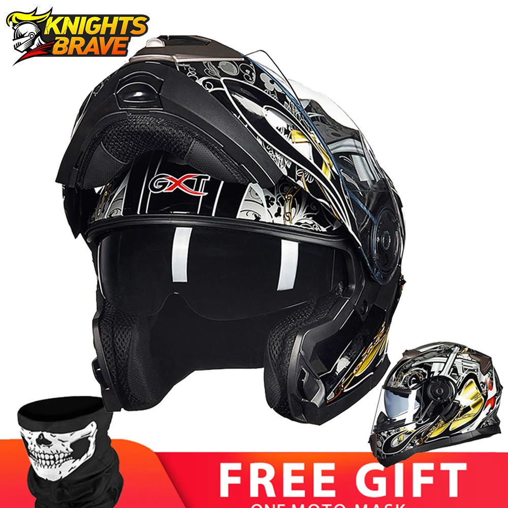 

GXT Helmet Motorcycle Flip Up Casco Moto Modular Dual Lens Motocross Moto Helmet Men Full Face Helmets Capacete Casque Black DOT