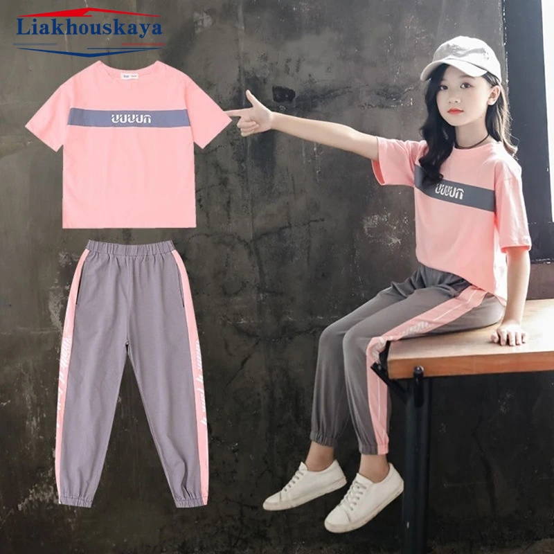 

Girls Summer Set Clothes Korean Style Children Clothing Set Suit Fashion Cotton Tshirt Pants Teen Loungewear Soft Tracksuit
