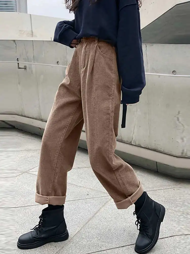 

2021 New Corduroy Women's Pants Straight Casual High Waist Pleated Trousers Vintage Harajuku Autumn Chic Solid Woman Bottoms