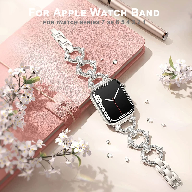 

Роскошные бриллиантовые браслеты для Apple Watch Band 7 SE 6 5 45 мм 44 мм, Женский металлический ремешок для iWatch Series 7 6 5 4 3 2 1 42 мм 41 мм 40 мм