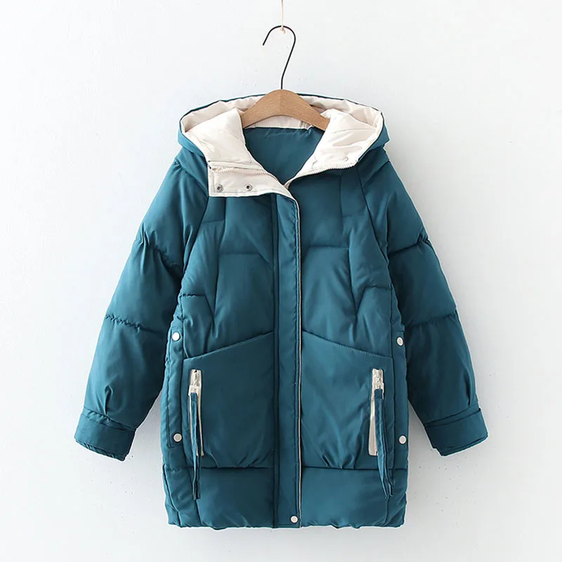 2021 Thick Hooded Down Jackets with Pocket Cotton Long Warm Padded Parka for Female Women Loose Casual Solid Color Winter Coats