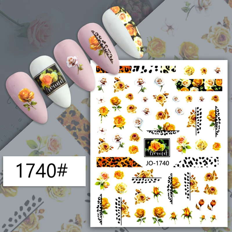 

Spring summer flower sticker for nail art decoration rose daisy cane vine leaves birds women face butterfly manicure decal YJ097