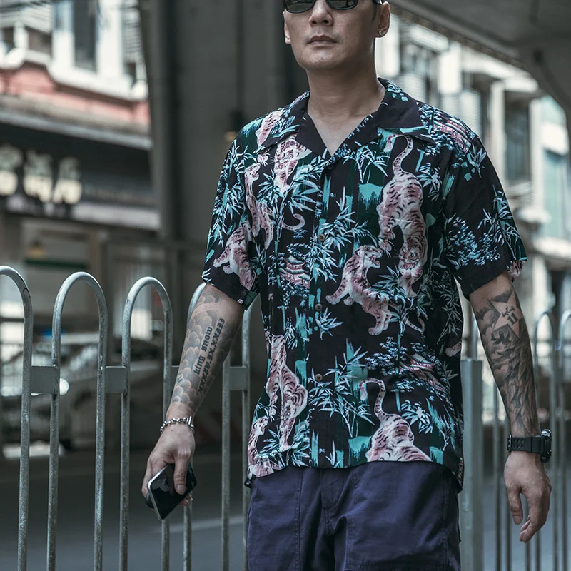 NON STOCK Ukiyo-e Animals Print Cuban Collar Shirt Summer Men's Tropical Shirts