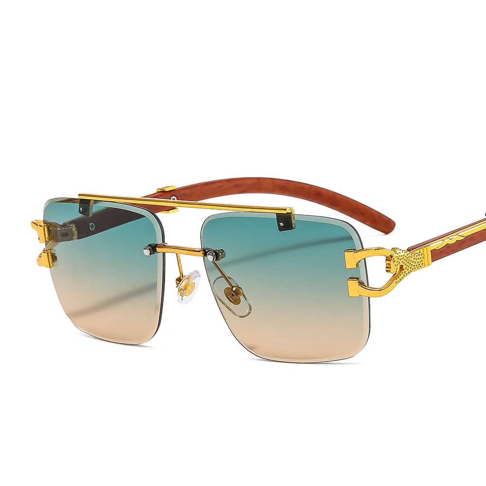 

Wood Grain Rimless Square Sunglasses Women Luxury Brand Designer Gold Lion Decoration Sun Glasses Men Shades Oculus UV400 Gafas