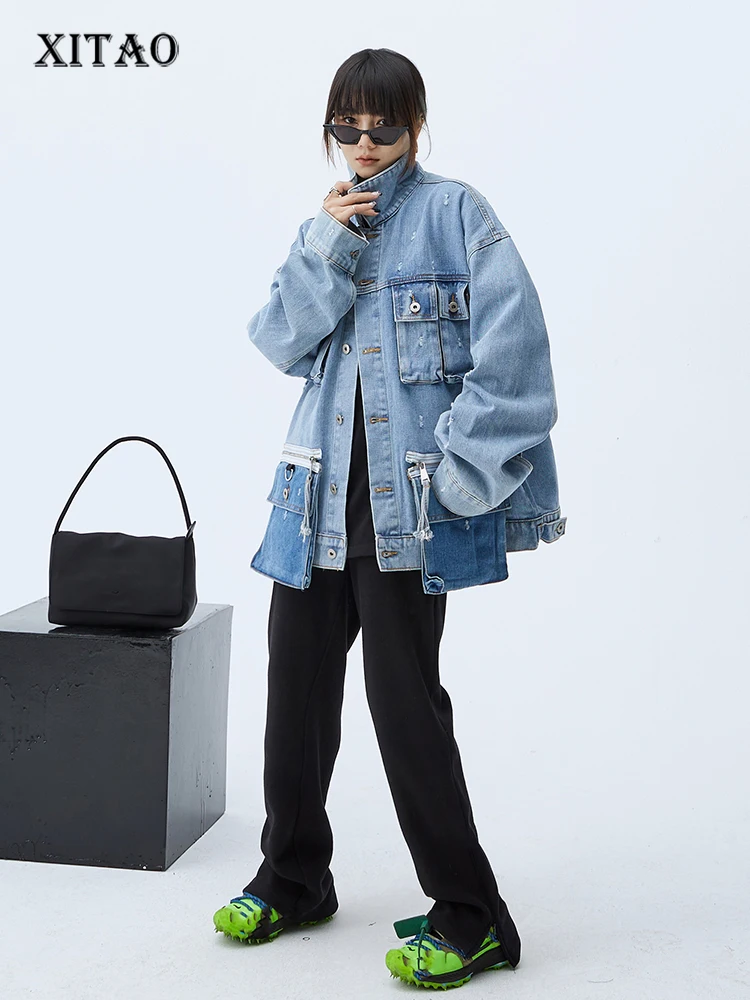 

XITAO Women Jacket Pocket Solid Color Patchwork Small Fresh Full Sleeve Goddess Fan Casual Style Minority Coat Top WMD7263