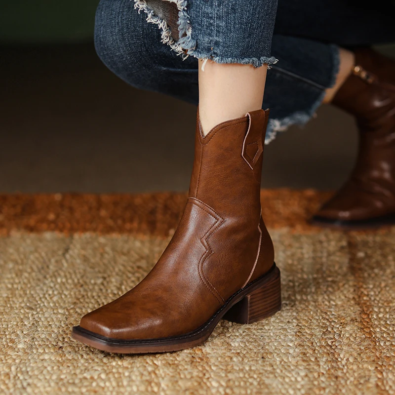 

New Fall Shoes Women Genuine Leather Women Shoes 2021 Winter Women Boots Solid Western Boots Womens Designer Boots Chunky Boots