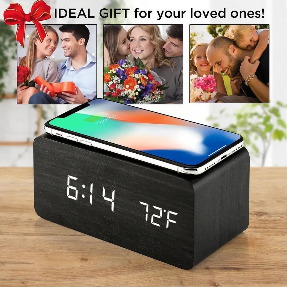 

LED Digital Clock Wooden Alarm Clock Table Clock Voice Control Electronic Clock Desktop Clock With Wireless Charging