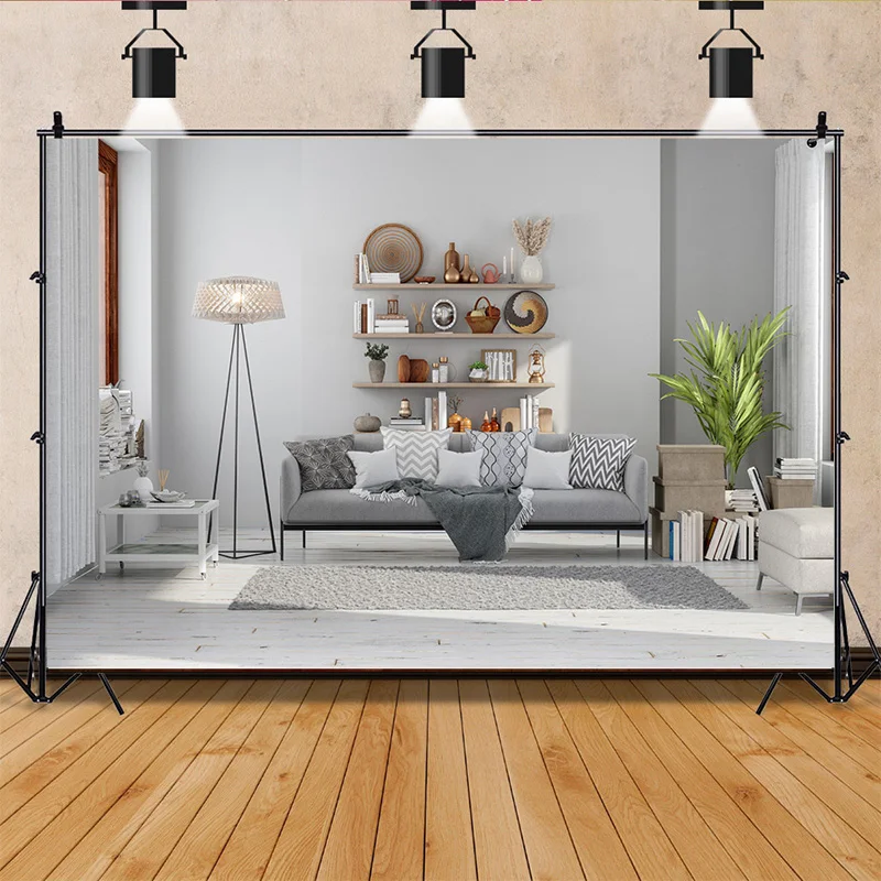 

SHUOZHIKE Backdrops Modern Living Room Interior With Gray Sofa, Floor Lamp, Potted Plant, Books Photography Background SSD-10