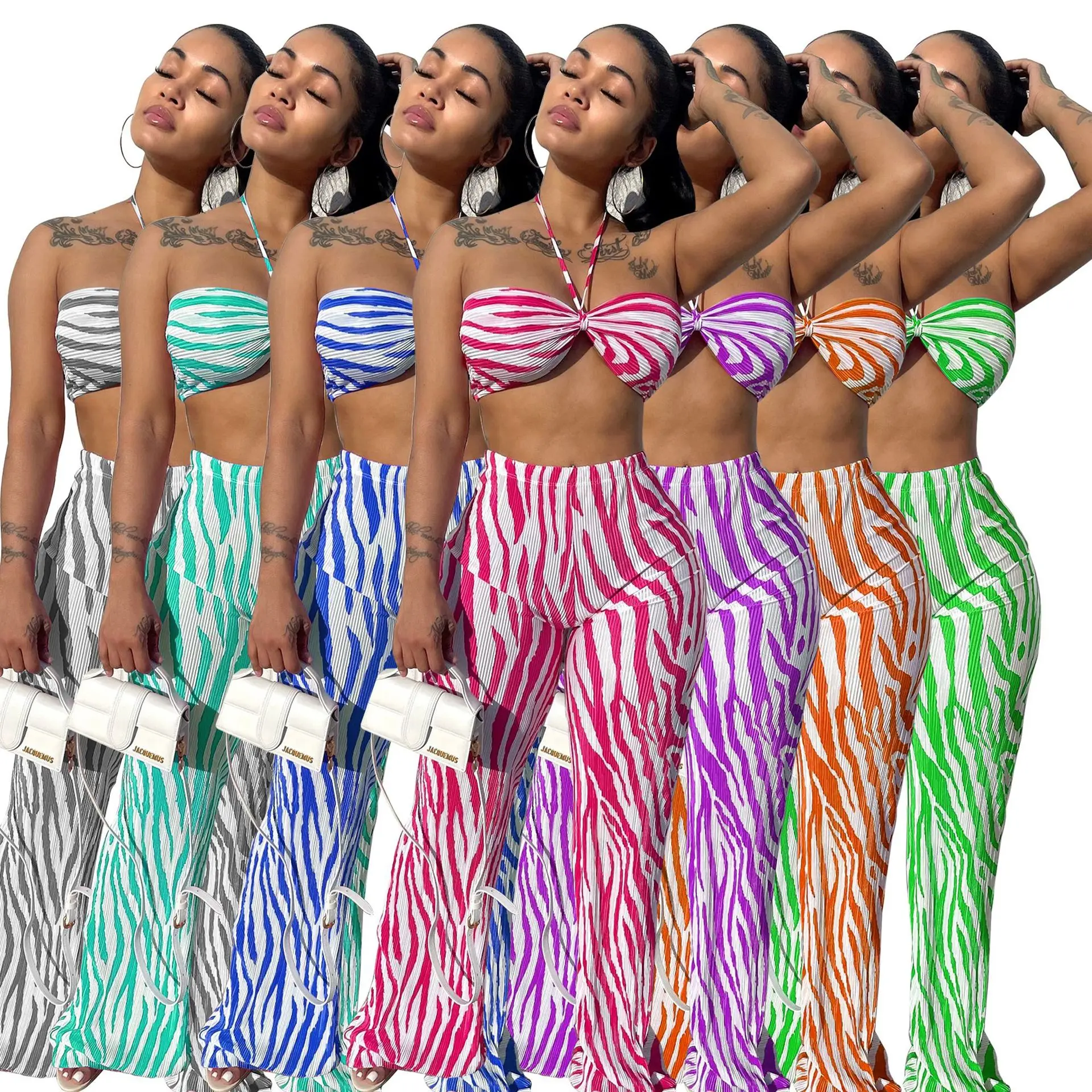 

Woman 2pcs Fold Suit Stripes Printed Halter Sleeveless Strapless Top+Flared Leg Pant Tracksuit S-XL