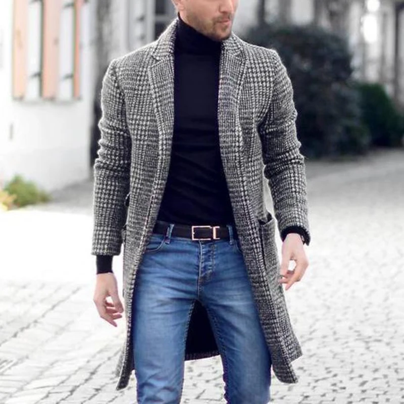 

Man Single Breasted Jacket Plaid Long Slim Coat Long Sleeve Autumn Winter Warm Casual Street Outwear 2023 Retro Male Clothing