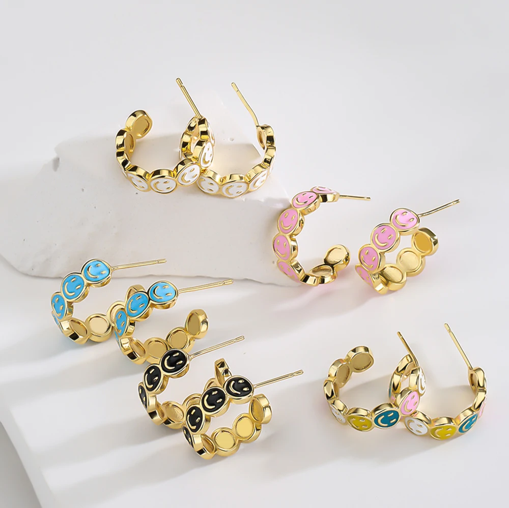 

CARLIDANA Trendy Minimalist Colorful Smile Gold Color Drip Oil Earrings for Women Jewelry Summer Fashion Earrings Wholesale