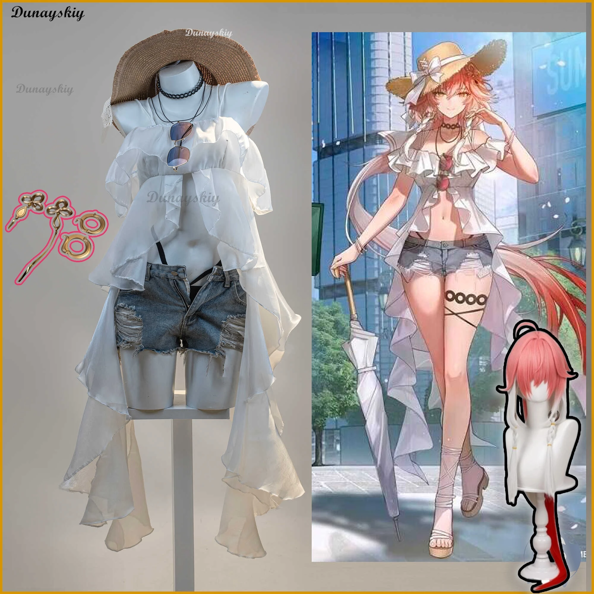 Wuthering Waves Ashleigh Haddad Косплей Костюм Парик Белое Платье Униформа Главный Персонаж