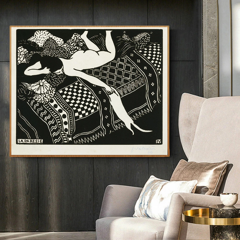 

Laziness Vallotton Retro Painting Print Canvas Poster Wall Art Black White Woman Cat Picture For Living Room Home Decor Cuadros