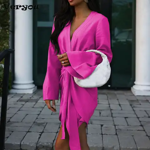 Elegant Women Solid Hollow Party Dresses Retro Ladies V Neck Long Sleeve Mini Dress 2023 New Spring Draped Lace-up Office Dress
