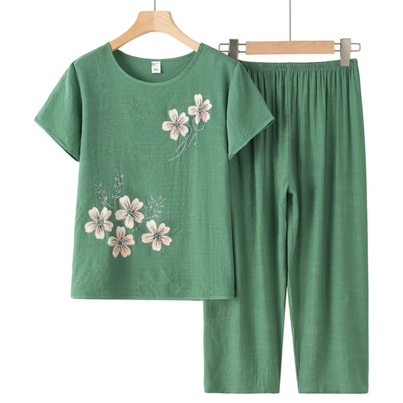 

Grandma's Summer Home Suit Printed Middle Aged Mother Pajamas Short Sleeved Cotton Linen Sleepwear Women Two-Piece Set XL-4XL