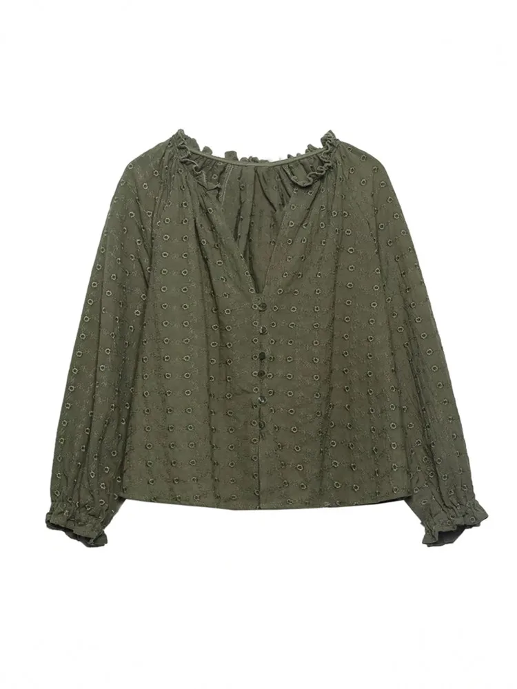 

Zevity Women Fashion Agaric Lace V Neck Embroidery Kimono Blouse Office Ladies Long Sleeve Buttons Shirt Chic Blusas Tops LS474