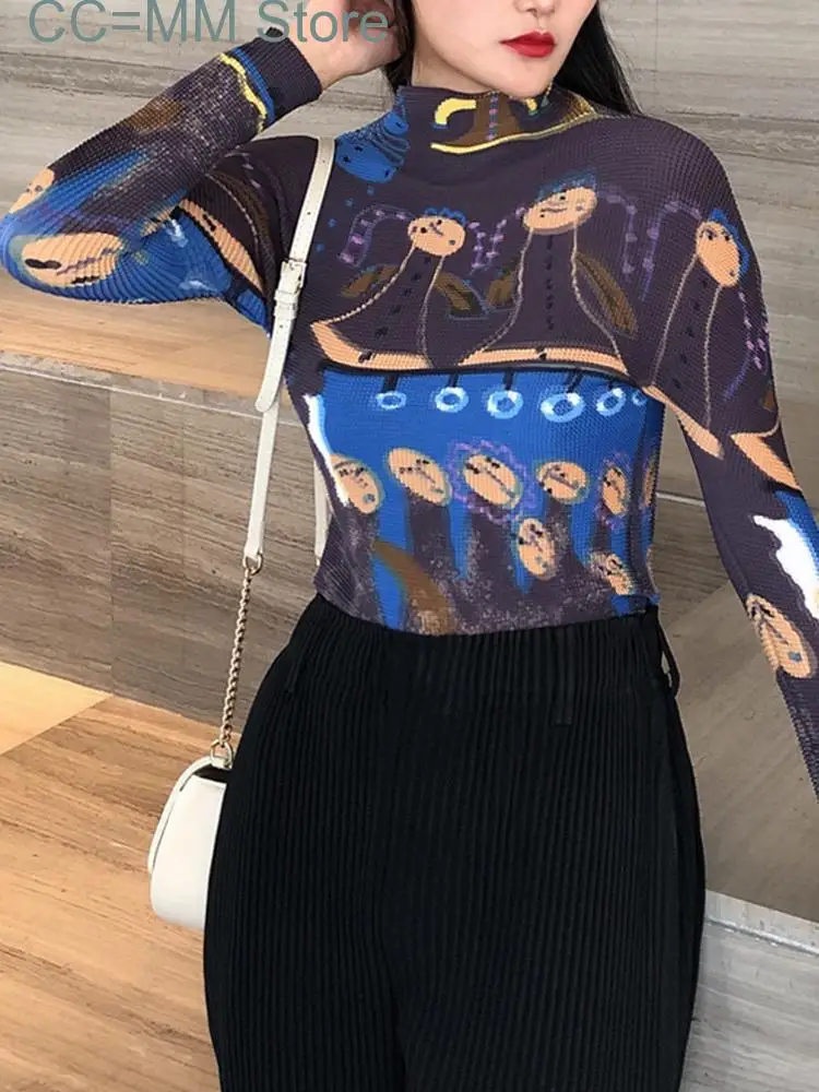 

Футболка женская с длинным рукавом, облегающая плиссированная водолазка с принтом, модная одежда, весна-лето