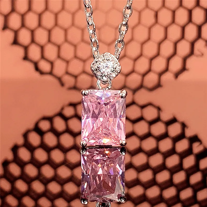 

VAGZEB Geometric Square Pink CZ Necklace for Women Romantic Engagement Pendant Necklace Good Quality Fashion Jewelry New Arrival
