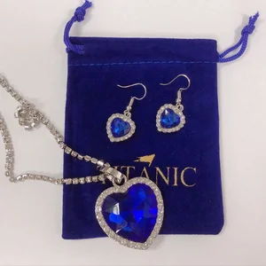 Titanic Heart of Ocean Blue Heart Love Forever Pendant Necklace with Titanic Earrings + Velvet Bag