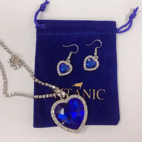 Ожерелье с подвеской в виде сердца цвета синего океана, с титаником + бархатный мешочек, Титаник, сердце