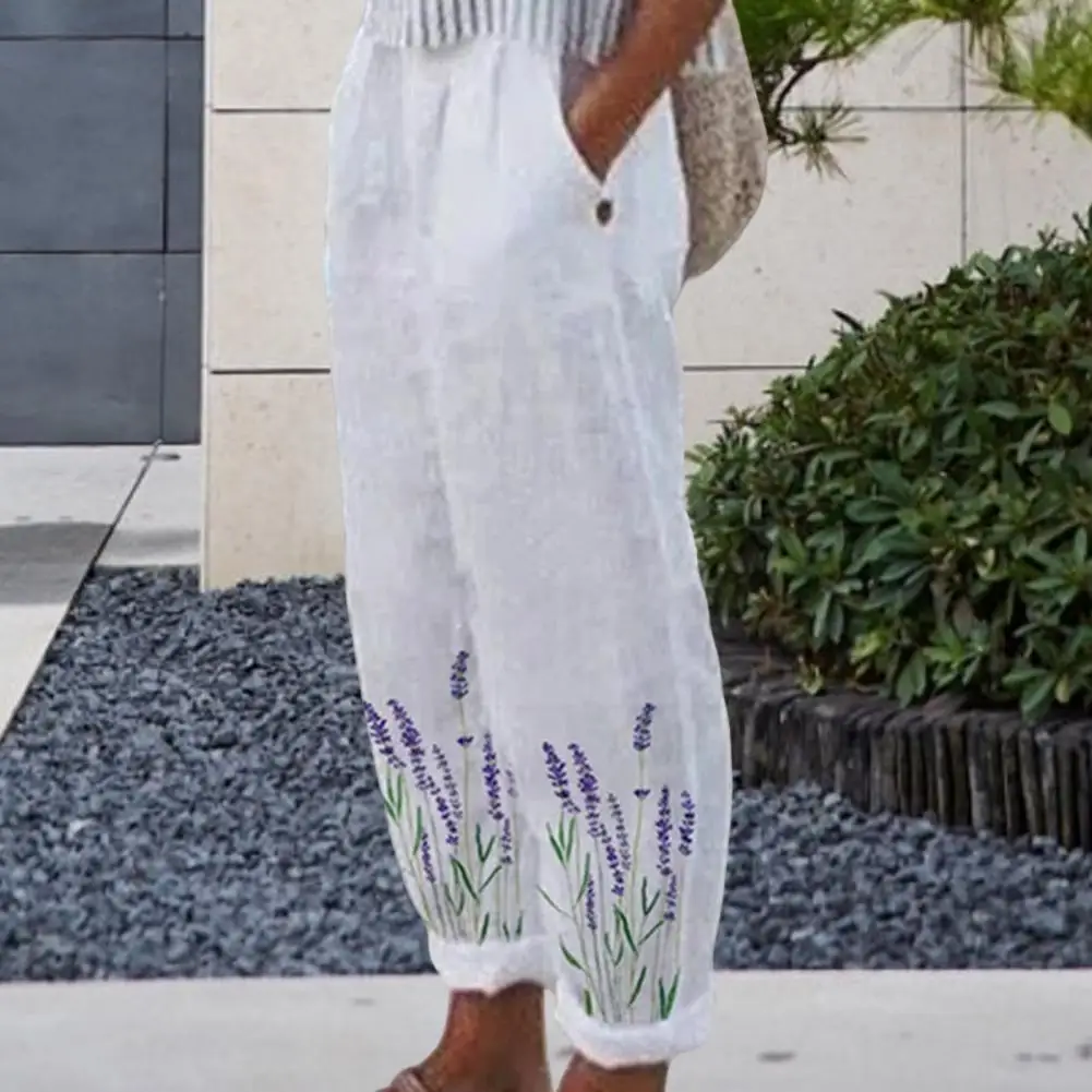 

Casual Harem Pants Female Women Trousers Floral Print Pockets Simple White Pants
