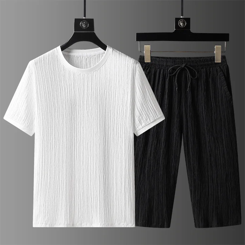 2023 summer new tide high-end ice silk suit men's summer thin short sleeve shorts sports casual two-piece set