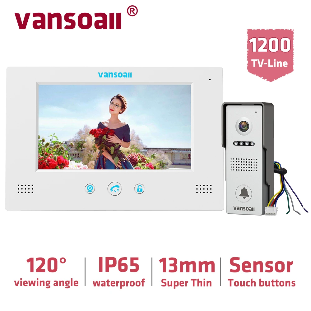 VANSOALL Video Intercom Wired  Video Door Phone Doorbell with 7- inch Color Monitor and Waterproof Doorbell Support Unlock