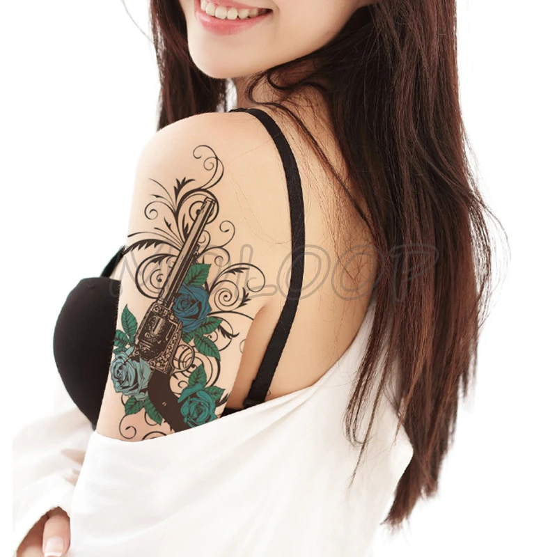 

Tattoo sticker bule rose gun Waterproof Temporary lovely flower plant vine element Body Art Hand Foot for Girl Women Men kid