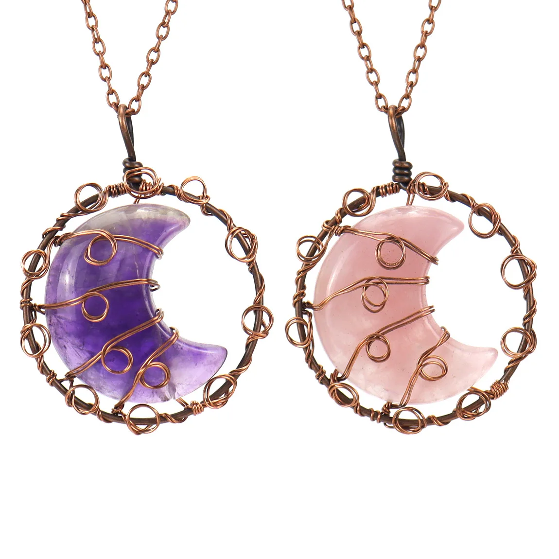 Hand-made Copper Wire Wrap Amethyst Rose Quartz Pendant Neckl Chain Retro Circular Hollow Crescent Necklace For Couples Gift
