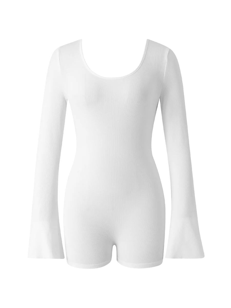 

Women Backless Jumpsuit Fashion Long Sleeve Low Cut U-Neck Bodysuit Bodycon Solid Romper Playsuit