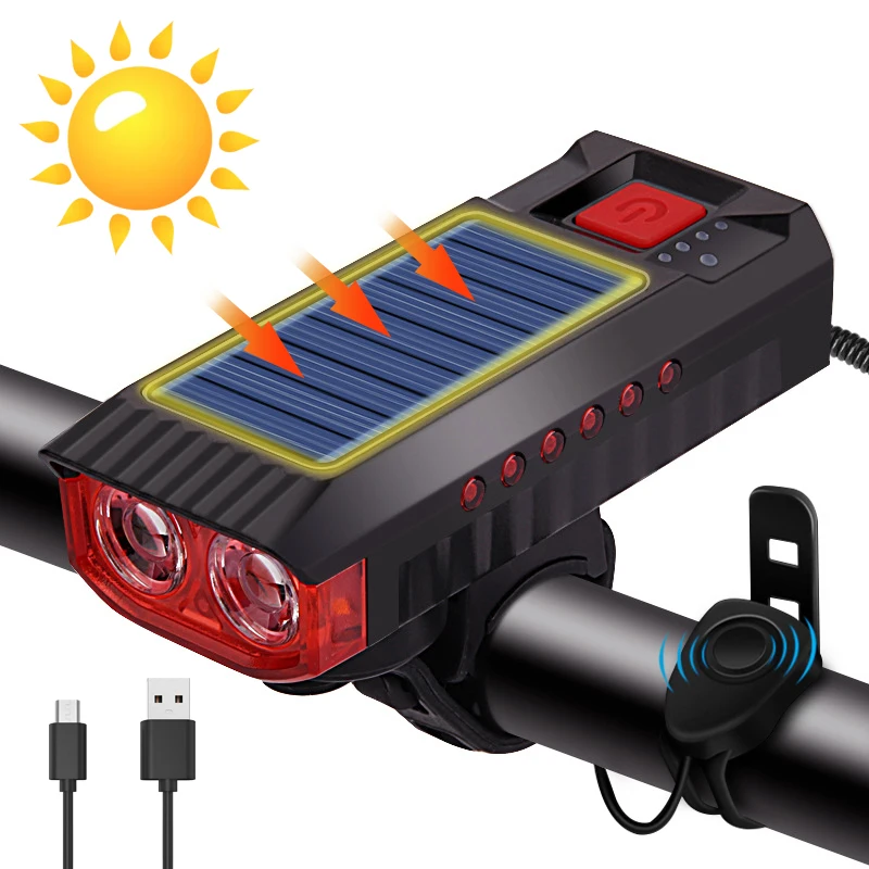 

2xT6 LED MTB Road Bicycle Light Headlight Cycling Flashlight Solar USB Charging Bike Lantern 4000mAh Power Bank Horn Lamp 5 Mode