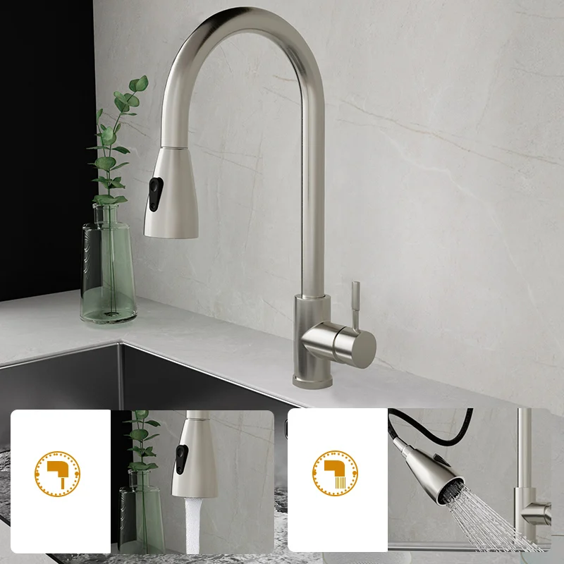 Черный Кухонный Смеситель Гибкий Выдвижной Двухрежимный Для Раковины Из