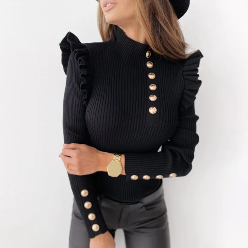 

Autumn Butterfly Long Sleeve Shirt Sweater Elegant O Neck Slim Rib Pullover Tops Winter Casual Women Ruffle Shirts Blusa