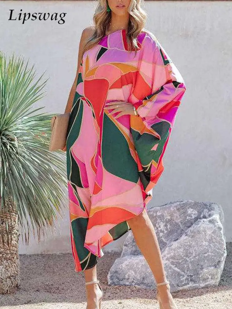 

Women Loose Graphic Print Daily Casual Dress Summer Off Shoulder Long Sleeve Dress Fashion Bat Sleeve Irregular Dresses Vestidos
