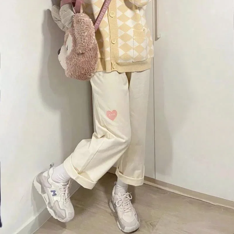 

Korean High Waist Girly Clothing Women Pockets Casual Sweet Love Corduroy Long Trousers Autumn Japanese Kawaii Cute Lolita Pants