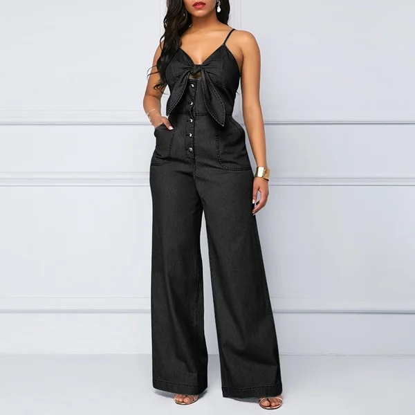 Summer Women's Denim Jumpsuit Sexy High Waist Wide Leg Long Pants Romper Front Tie Knotted Jeans V-neck Overalls 2021 Playsuits