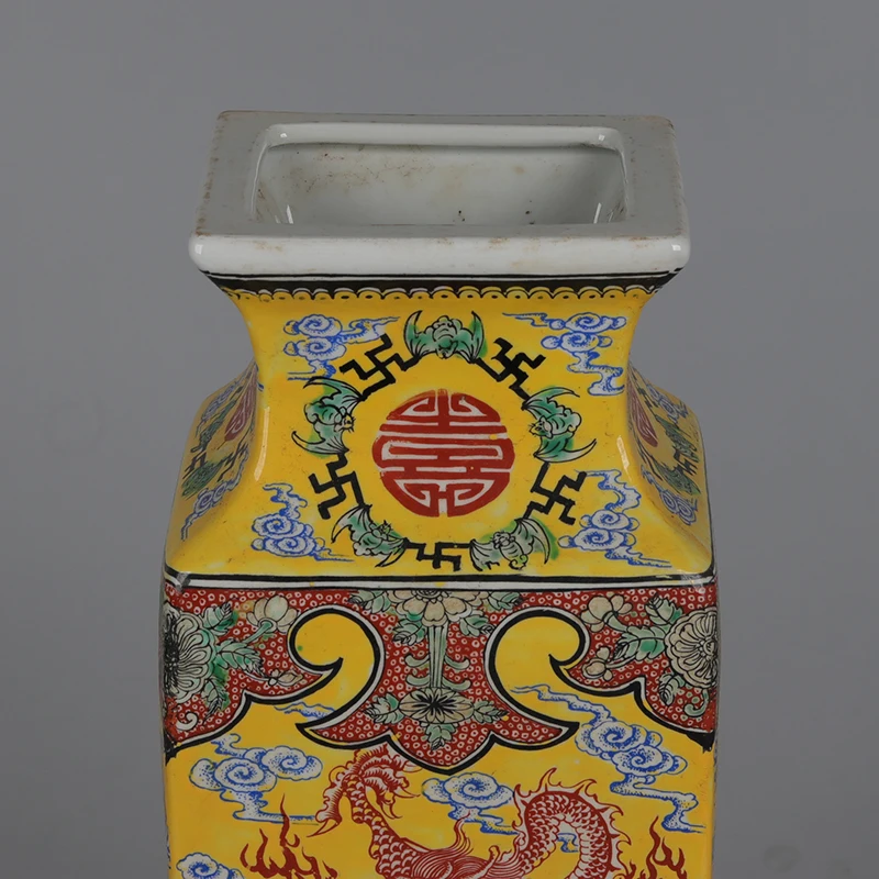Фото Ваза Kangxi Dynasty Цин Центральные элементы Дракон и Феникс с узором морской воды Квадратная ваза Китайская эмалированная ваза №4