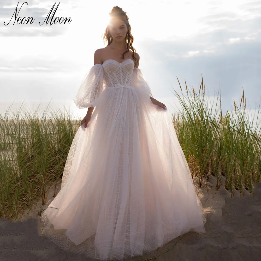 

Beach Sweetheart Wedding Dress A Line Detachable Long Puffy Sleeves Vestidos De Novia Polka Dots Sweep Train Bridal Gown
