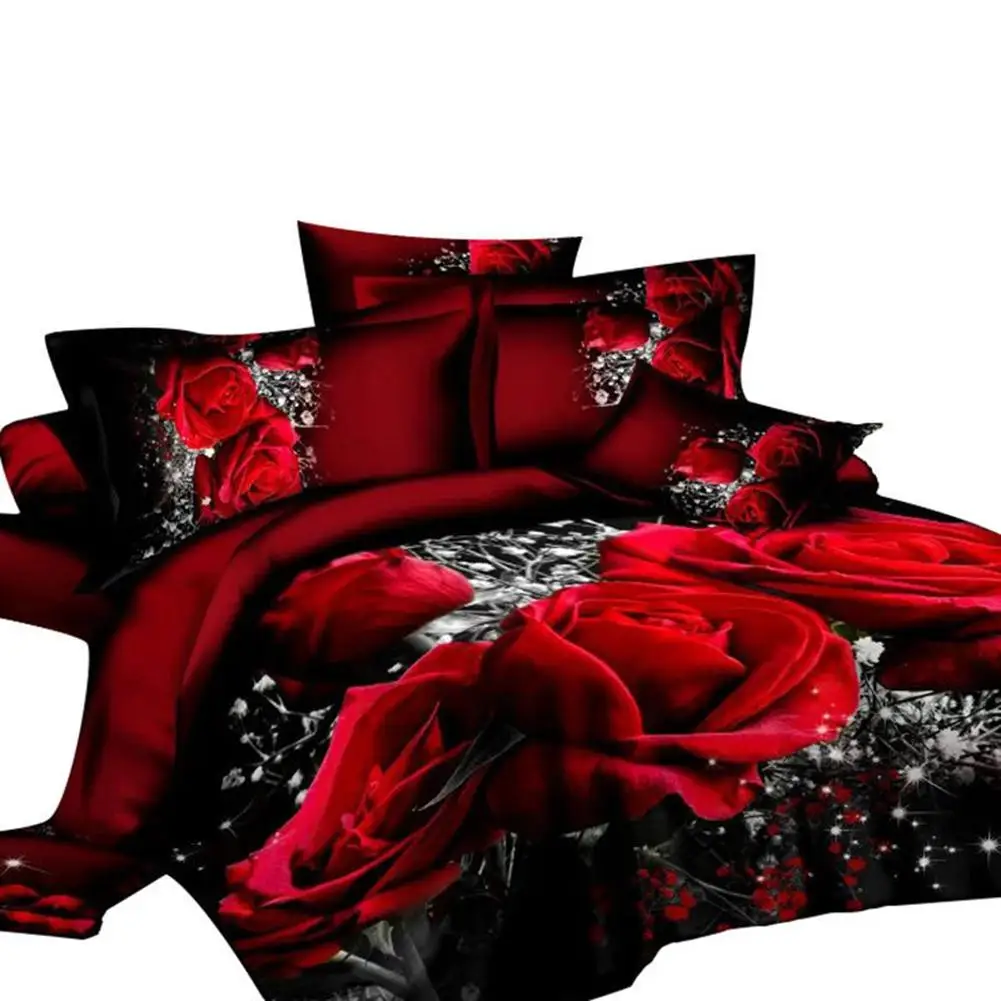 

4 PCS 3D Big Red Rose Floral Bedding Sets Wedding Duvet Cover Sheet Pillow Cases Bed Set